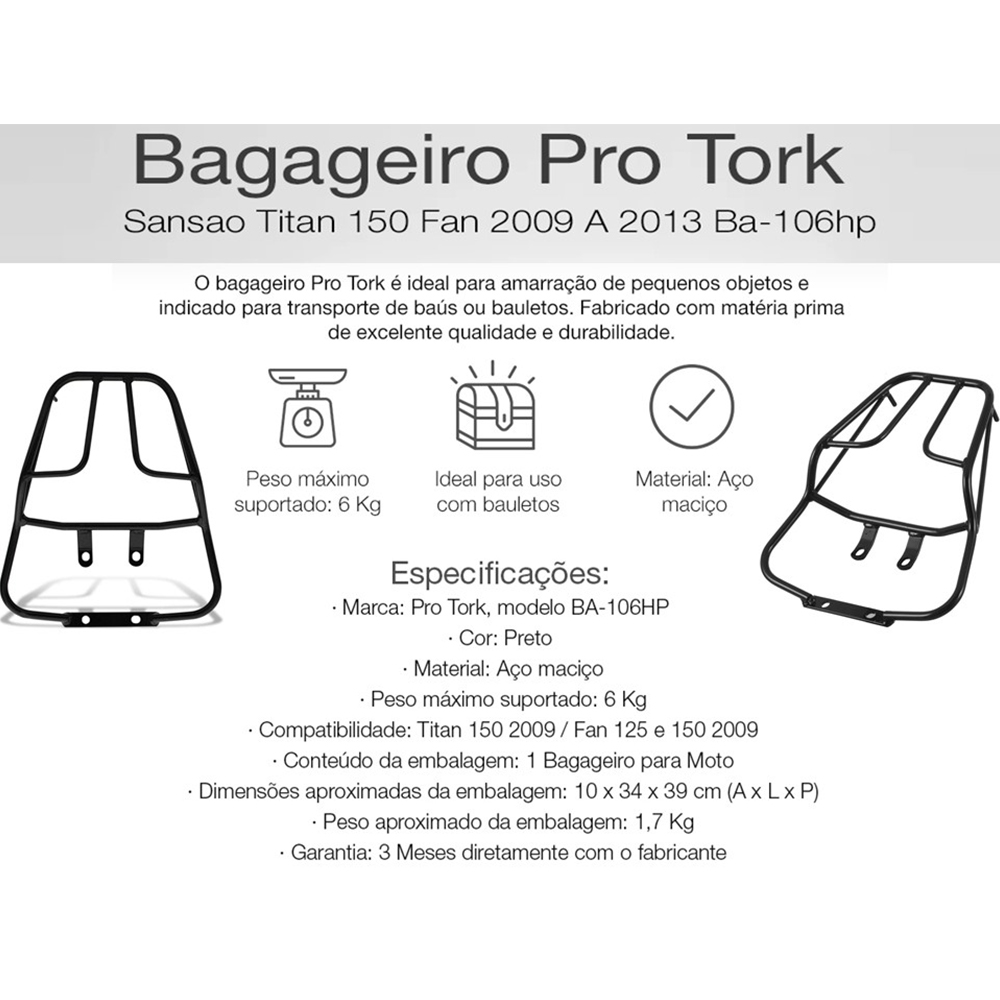 COMP Kit Bauleto 45 Litros + Bagageiro Honda Titan 150 e Fan 150 2009 a 2013 Preto Pro Tork BA-106HP