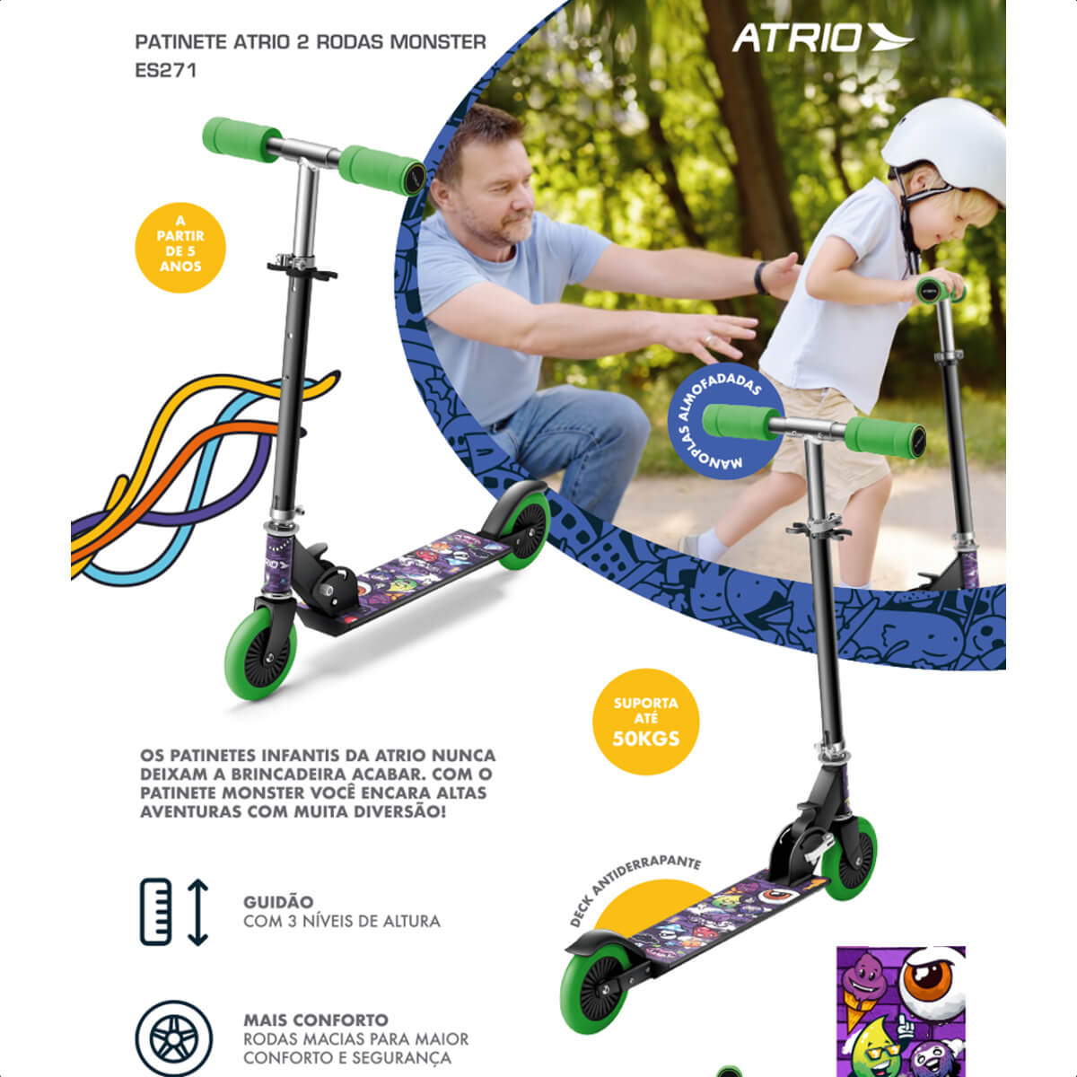 Patinete Infantil Atrio Masculino 2 rodas Monster Preto Guidão Ajustável -  ES271 Multilaser