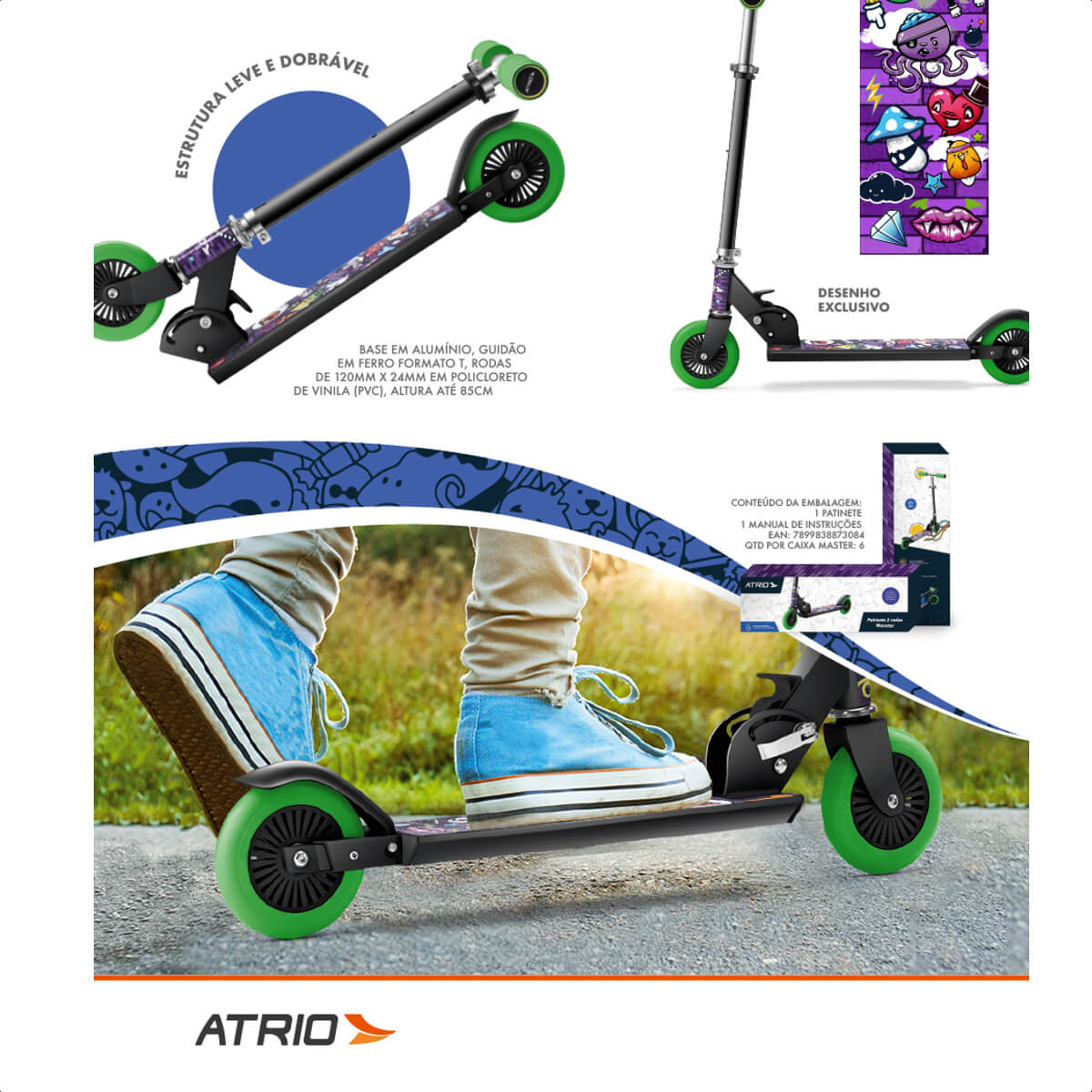 Patinete Infantil Atrio Masculino 2 rodas Monster Preto Guidão Ajustável -  ES271 Multilaser