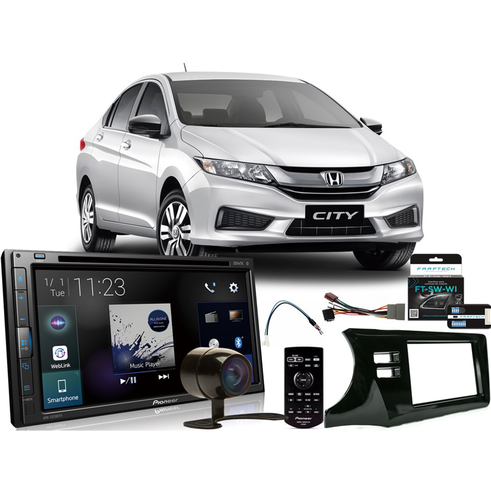Kit DVD Player Honda City 2015 a 2020 AVH-Z5280TV Pioneer + Moldura 2 din + Câmera de ré + Interface + Chicotes