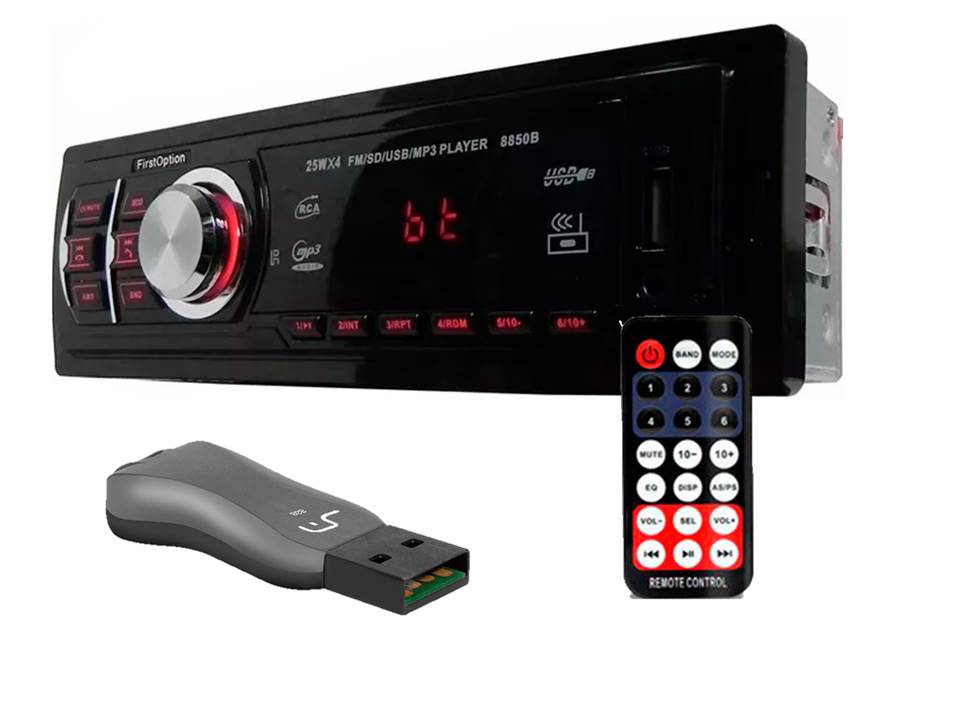 Kit Som Automotivo 8850b MP3 BT FM USB SD AUX Controle Remoto - First Option + Pen Drive Multilaser Titan 8 GB