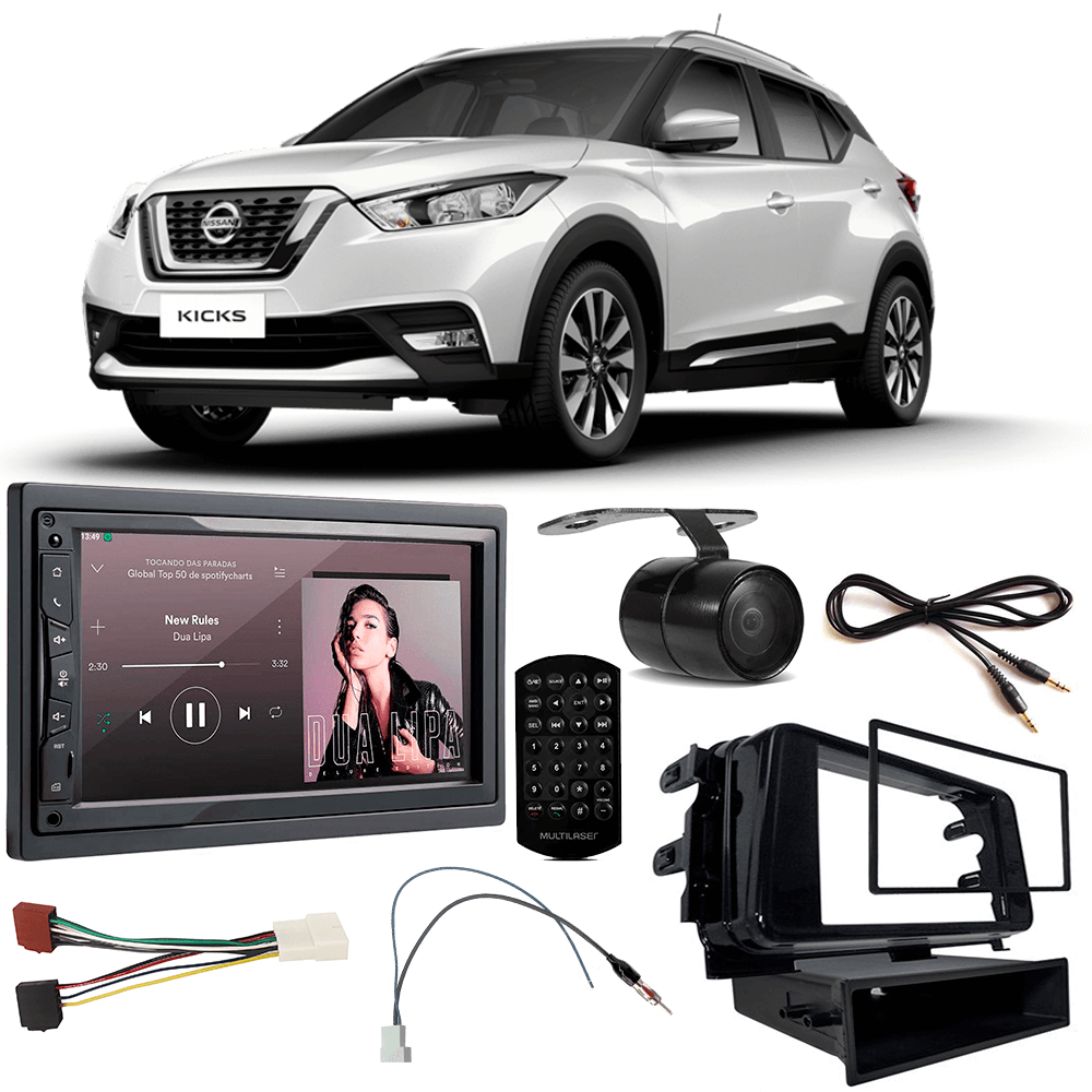 Kit Central Multimídia Multilaser Nissan Kicks 2018 a 2020 + Chicotes + Moldura + Câmera