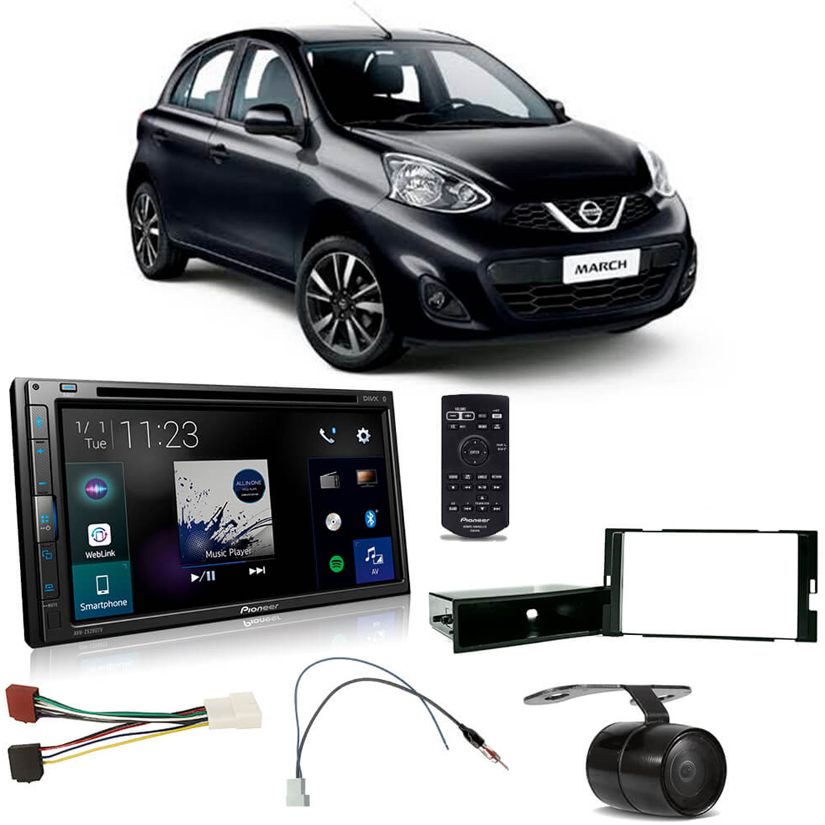 Kit Central Multimídia Nissan March Versa 2014 a 2020 AVH-Z5280TV Pioneer + Chicotes + Câmera + Moldura