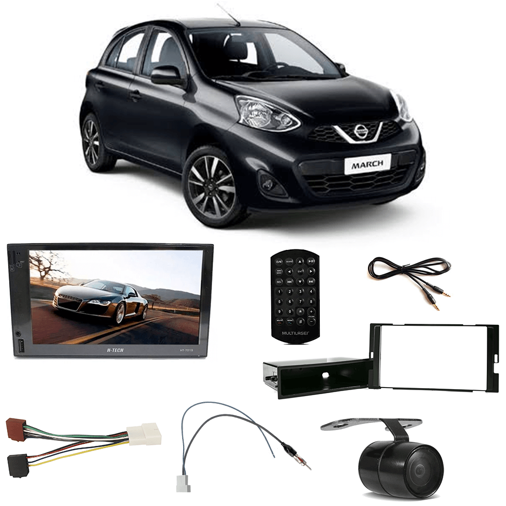 Kit Central Multimídia Nissan March Versa 2014 a 2020 Universal MP5 + Moldura + Câmera + Chicotes