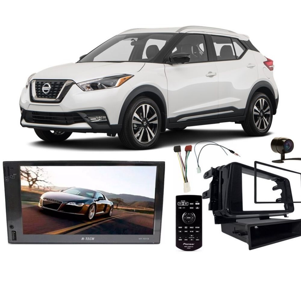 Kit Central Multimídia Nissan Kicks 2018 a 2020 Universal MP5 H-Tech HT-7019 + Chicotes + Câmera + Moldura
