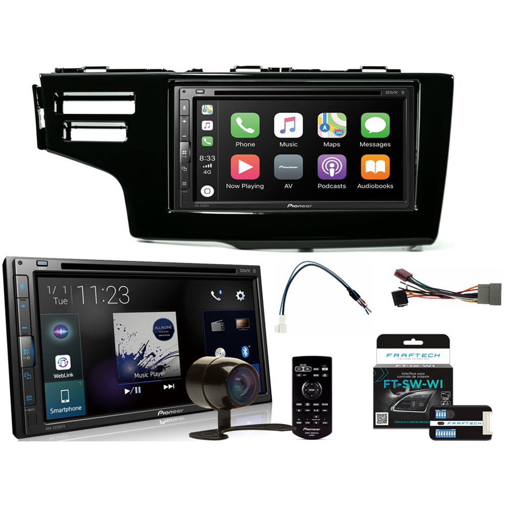 COMP Kit Central Multimídia Pioneer Fit 2015 a 2021 AVH-Z5280TV Pioneer 6.8 USB DVD Espelhamento + Moldura + Chicotes