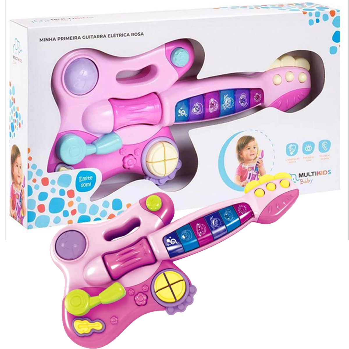 Brinquedo Infantil Criança Minha Primeira Guitarra Elétrica Rosa Tocar Música Multikids - BR1091
