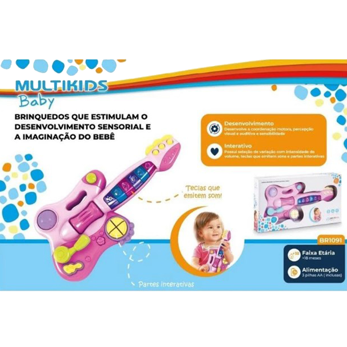 Brinquedo Infantil Criança Minha Primeira Guitarra Elétrica Rosa Tocar Música Multikids - BR1091