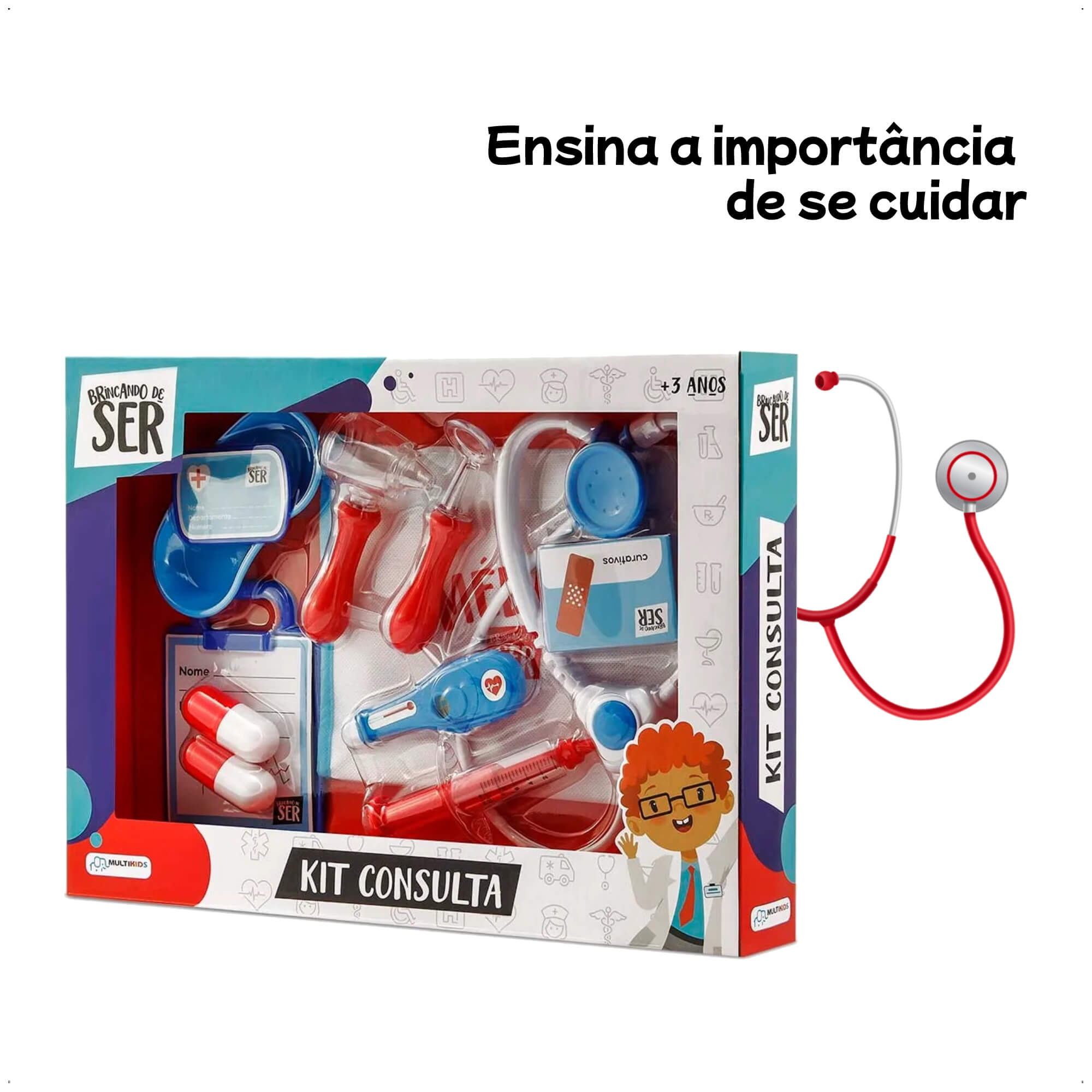 Brinquedo Brincando de Ser Medico Kit Consulta com Acessórios Azul e Vermelho Multikids - BR959