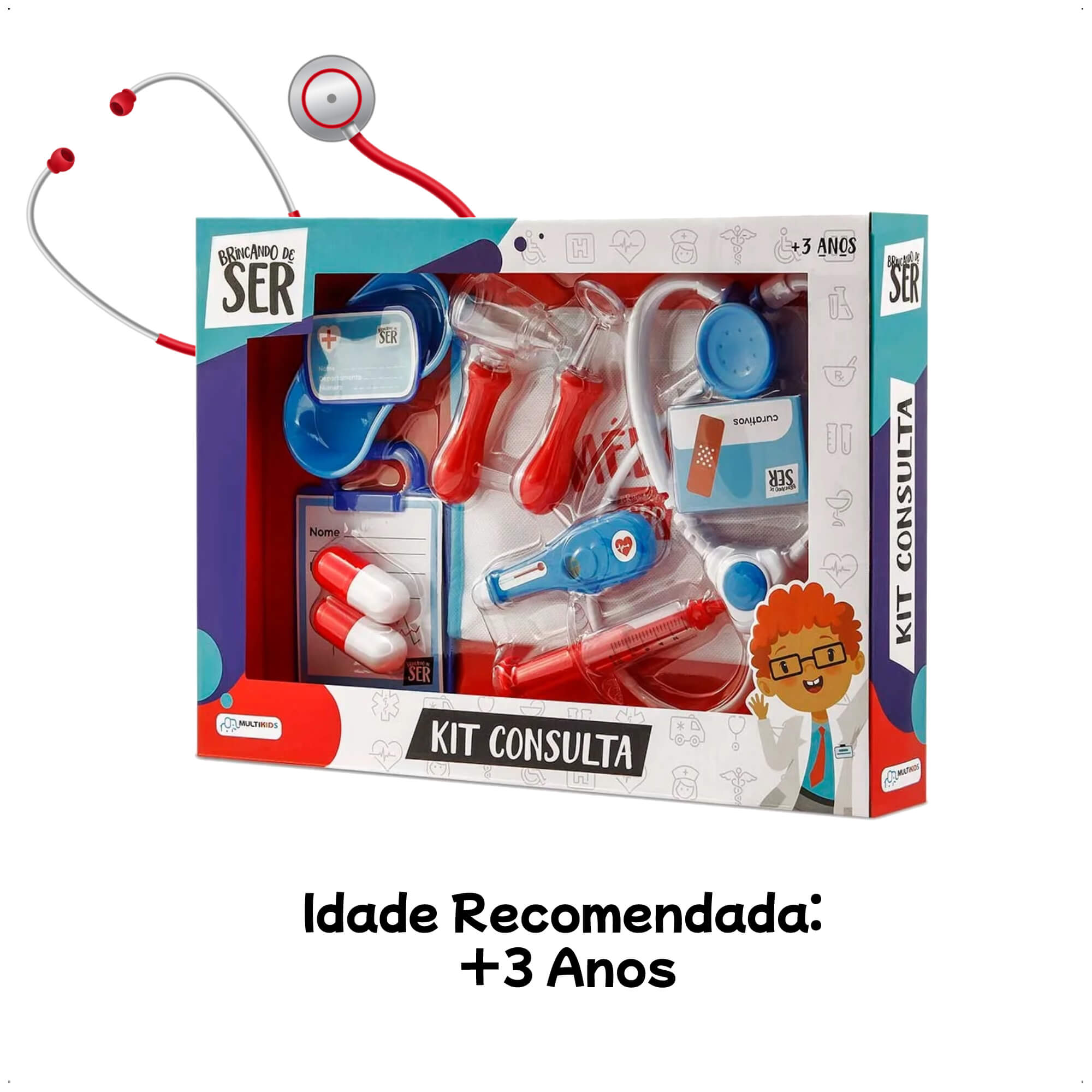 Brinquedo Brincando de Ser Medico Kit Consulta com Acessórios Azul e Vermelho Multikids - BR959