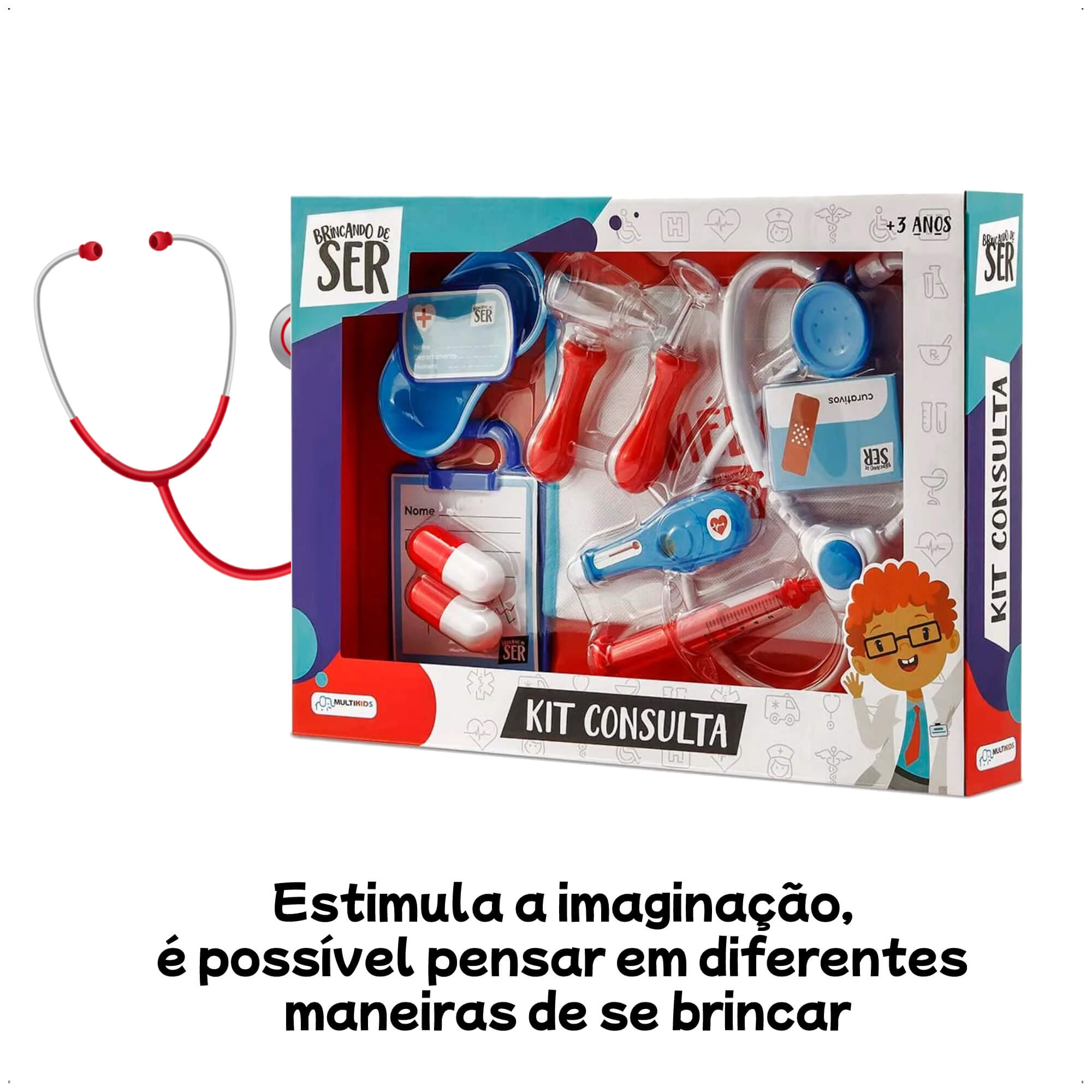 Brinquedo Brincando de Ser Medico Kit Consulta com Acessórios Azul e Vermelho Multikids - BR959