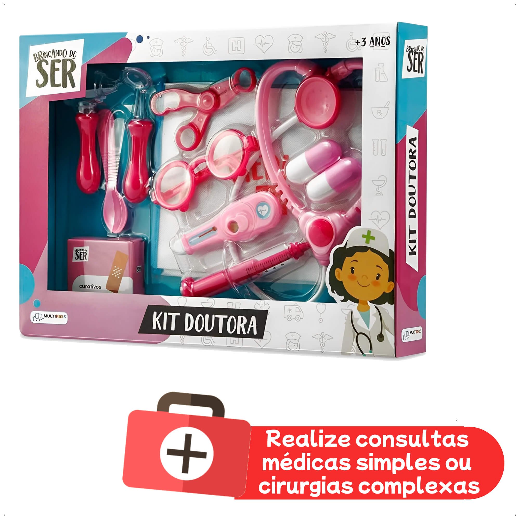 Brinquedo Brincando de Ser Médica Kit Doutora com Acessórios Rosa Multikids - BR960