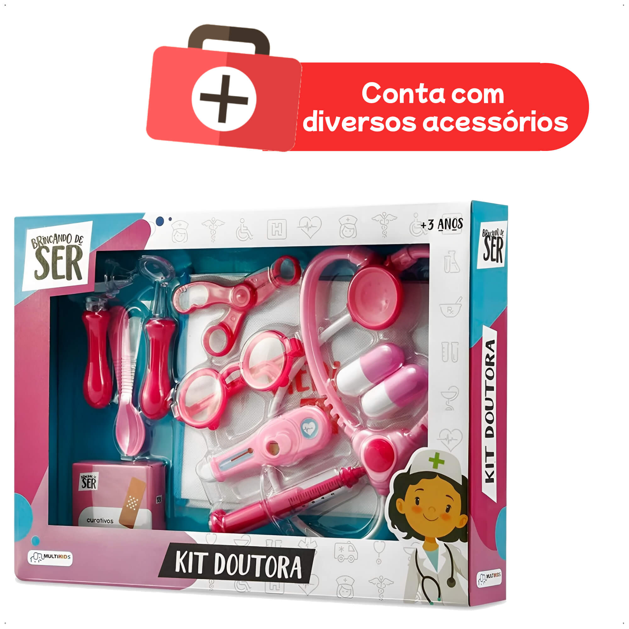 Brinquedo Brincando de Ser Médica Kit Doutora com Acessórios Rosa Multikids - BR960