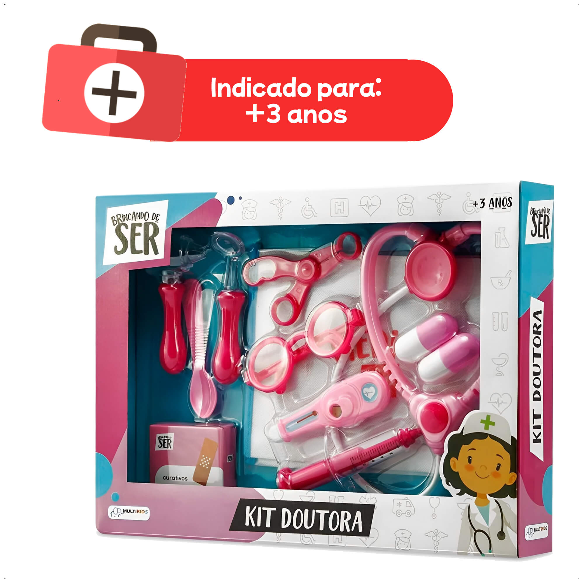 Brinquedo Brincando de Ser Médica Kit Doutora com Acessórios Rosa Multikids - BR960