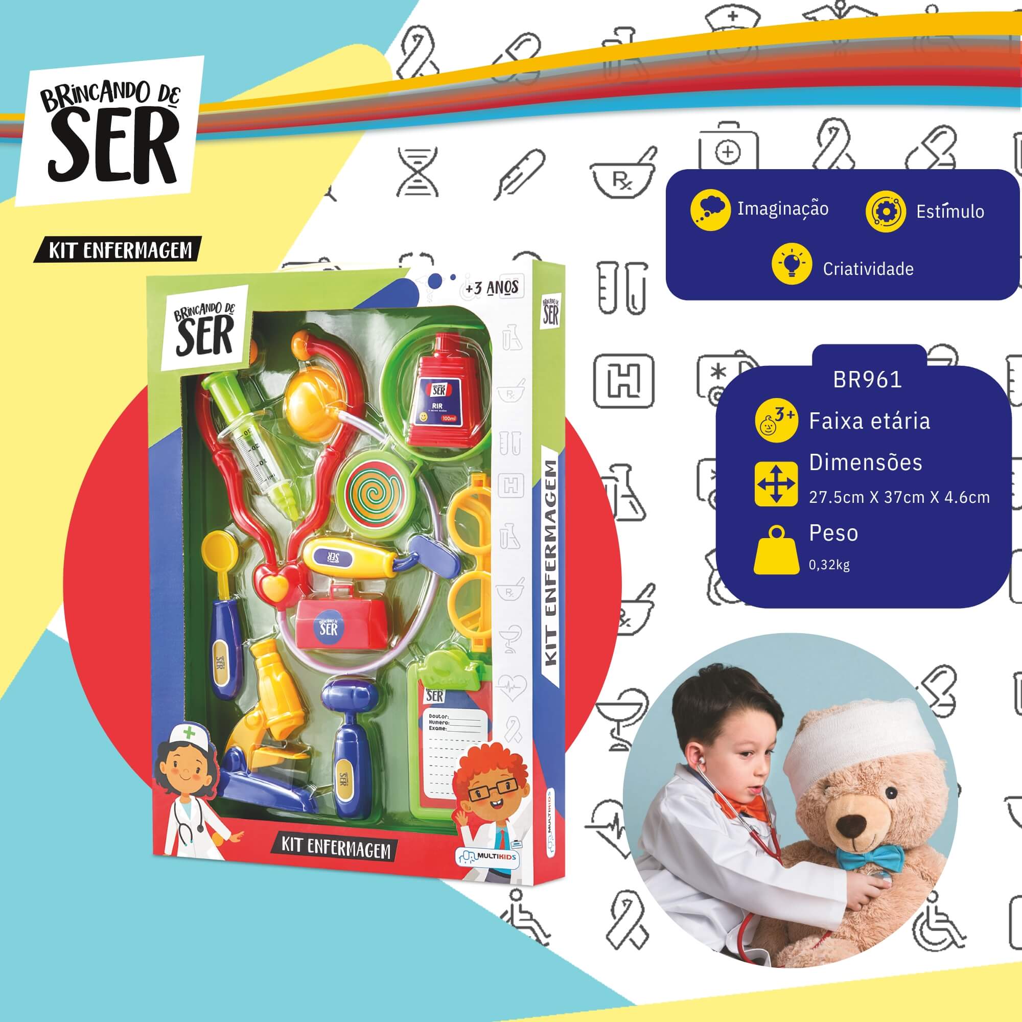 Brinquedo Faz de Conta Kit Enfermagem com Acessórios Imaginação Colorido Multikids - BR961