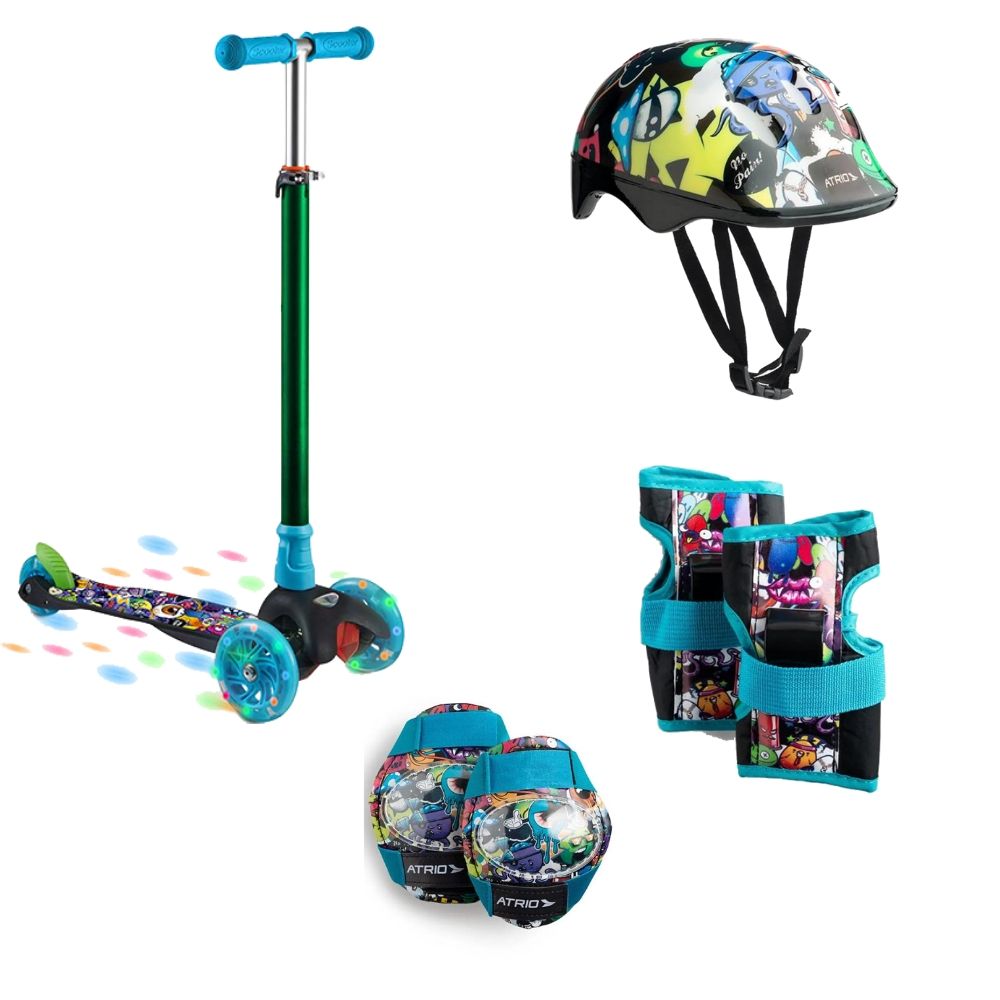 COMP Patinete Infantil 3 Rodas com Led Monster Átrio ES114 + Kit De Proteção Infantil Masculino Monster ES200