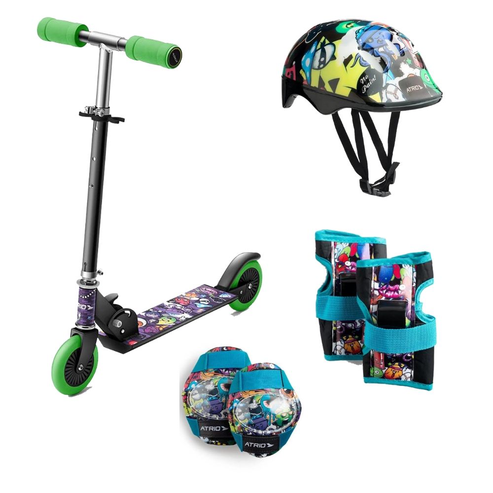 Patinete Atrio 2 Rodas Monster Preto ES271 + Kit de Proteção Infantil Masculino Monster ES200 - Atrio