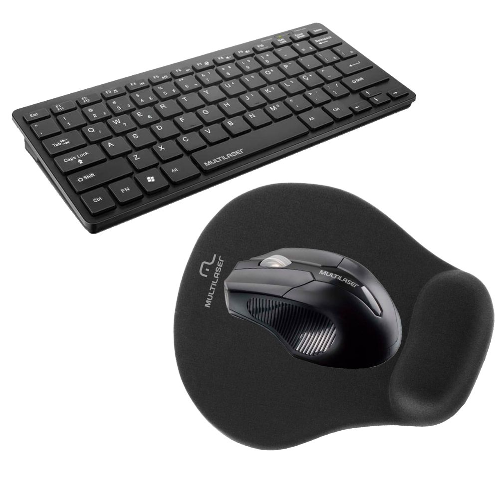 COMP Teclado Mini Slim USB Preto TC154 +  Mouse USB Wireless 1600dpi 2.4 Ghz MO264 + MousePad  AC021 - MUltilaser