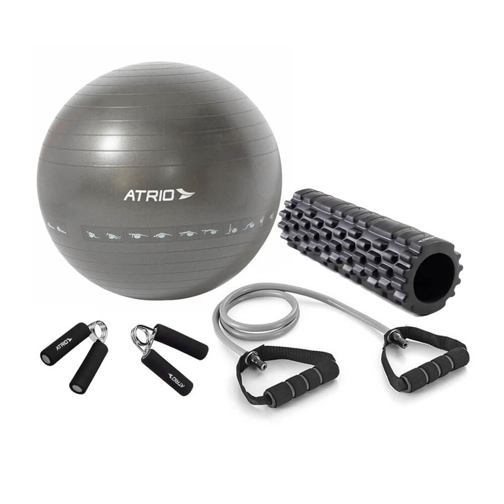 COMP Kit Ginástica Bola 55cm + Extensor Elástico + Rolo de Exercício/Yoga 10X30cm + Hand Grip
