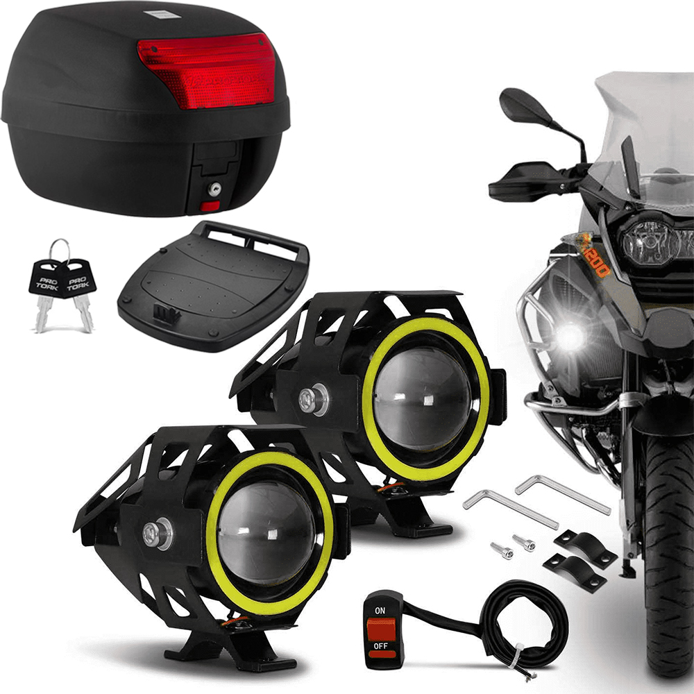 COMP Kit Bauleto 28 Litros Vermelho BP-03 Pro tork + Par Farol LED U7 Angel Eyes 6000K 3000LM Shocklight com chave