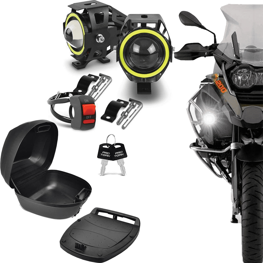 COMP Kit Bauleto 28 Litros Vermelho BP-03 Pro tork + Par Farol LED U7 Angel Eyes 6000K 3000LM Shocklight com chave