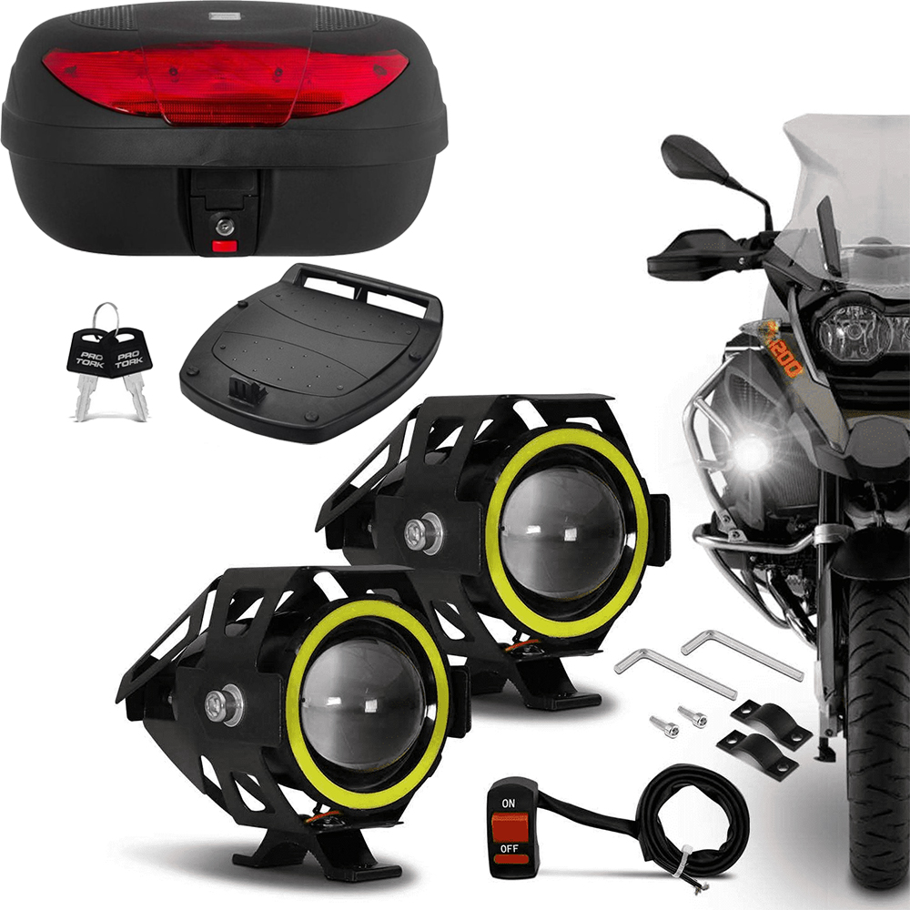 COMP Kit Bauleto 45 Litros Preto com Lente Vermelha BP-09 Pro Tork + Par Farol LED U7 Angel Eyes 6000K 3000LM Shocklight