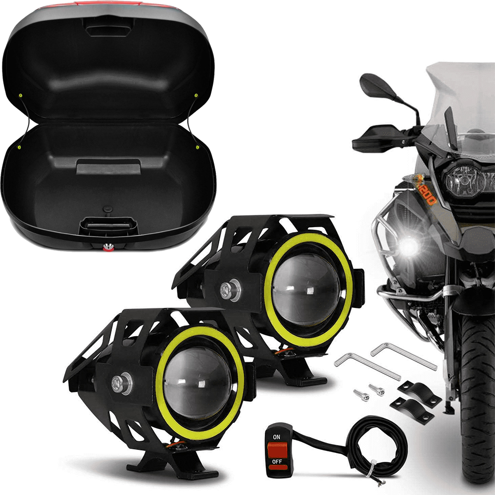 COMP Kit Bauleto 45 Litros Preto com Lente Vermelha BP-09 Pro Tork + Par Farol LED U7 Angel Eyes 6000K 3000LM Shocklight