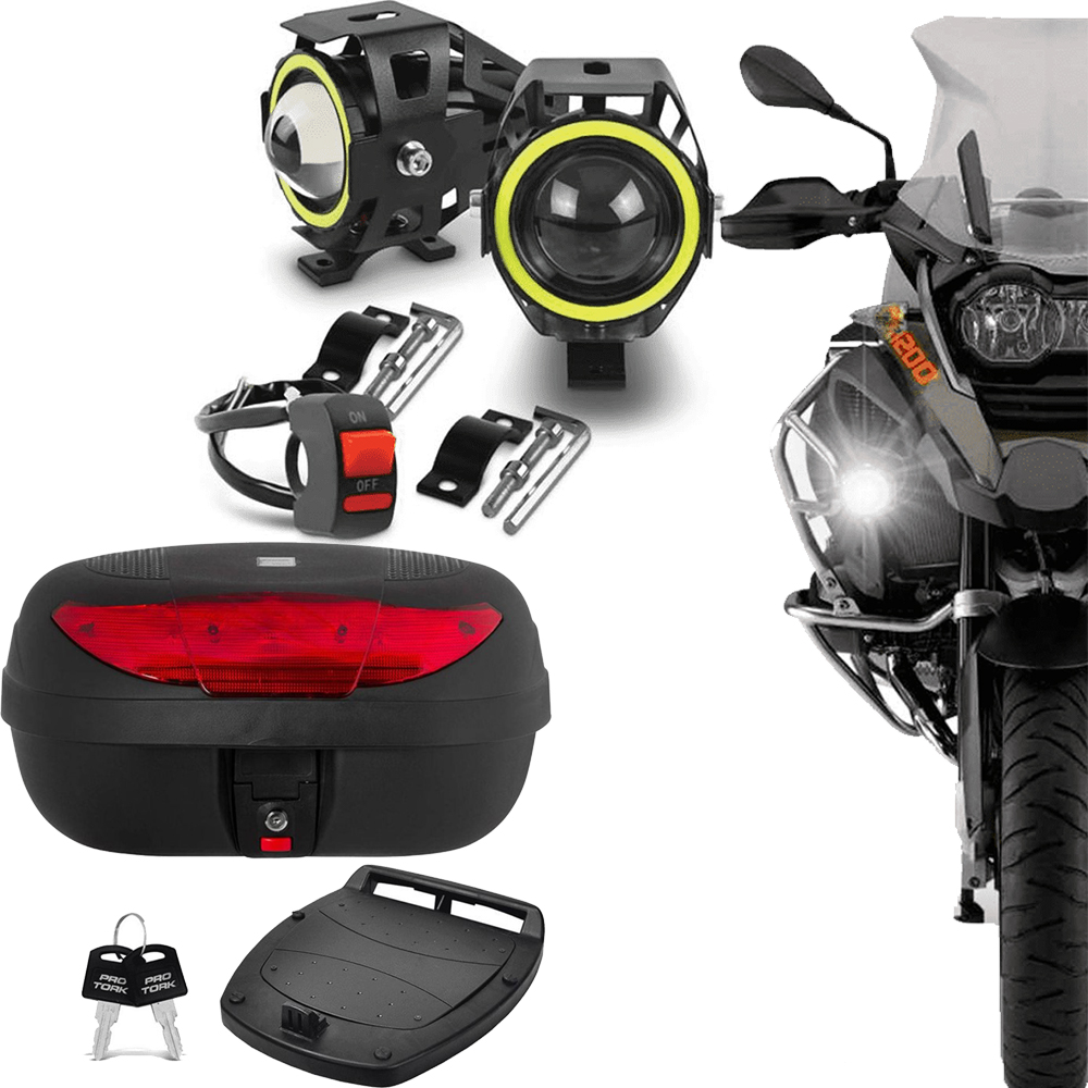 COMP Kit Bauleto 45 Litros Preto com Lente Vermelha BP-09 Pro Tork + Par Farol LED U7 Angel Eyes 6000K 3000LM Shocklight