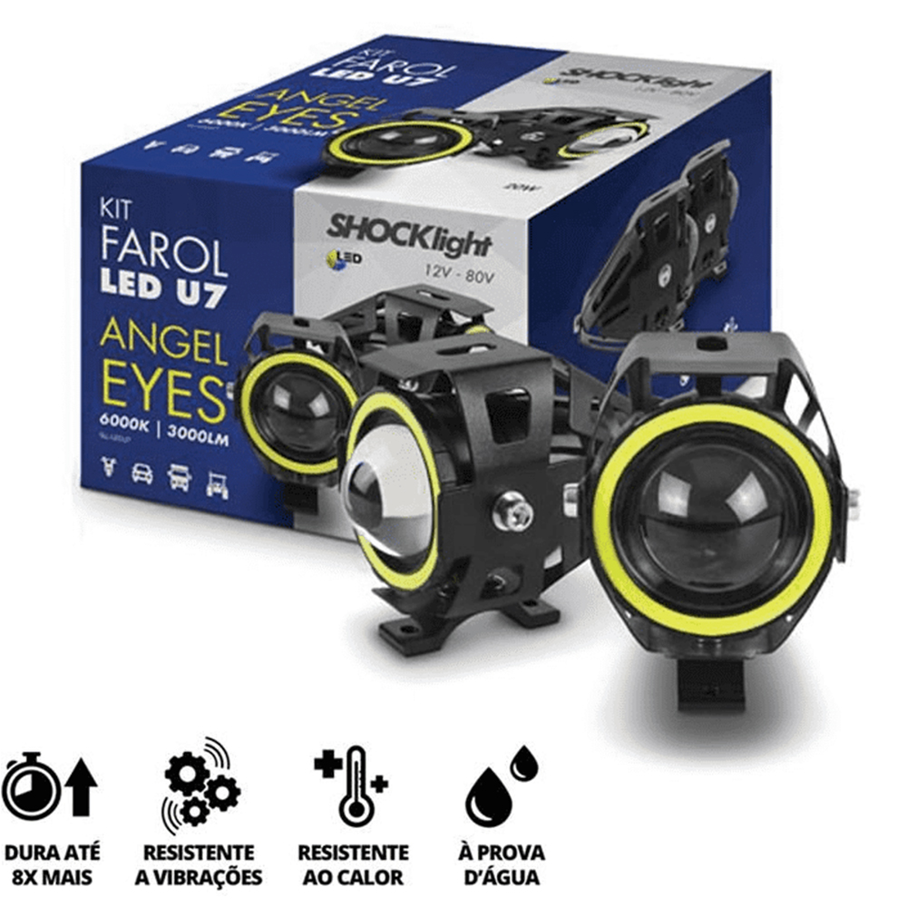 COMP Kit Bauleto 45 Litros Preto com Lente Vermelha BP-09 Pro Tork + Par Farol LED U7 Angel Eyes 6000K 3000LM Shocklight