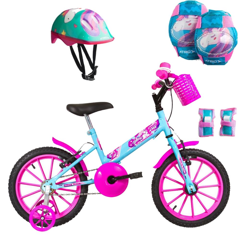 COMP Bicicleta Infantil Aro 16 Ultra Kids T Azul Bebe/Rosa BMT16-01AZBRS + Kit Proteção Infantil Feminino