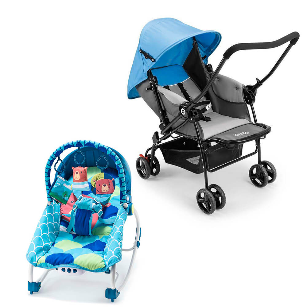COMP Kit Carrinho de bebê Berço com Bandeja Nap Azul + Cadeira de Balanço Bebe Menino Weego