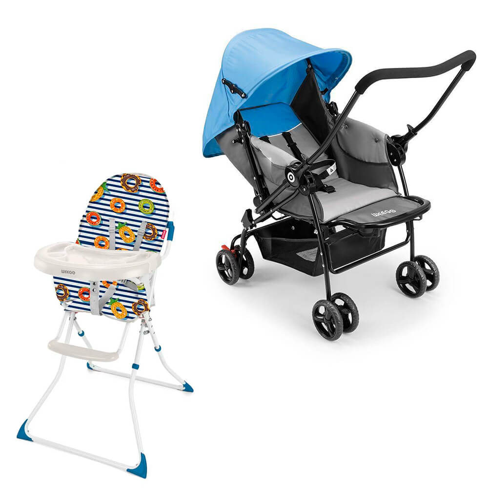 COMP Kit Carrinho de bebê Berço com Bandeja Nap Azul  + Cadeira Alta De Alimentacao Navy Meal Azul Weego