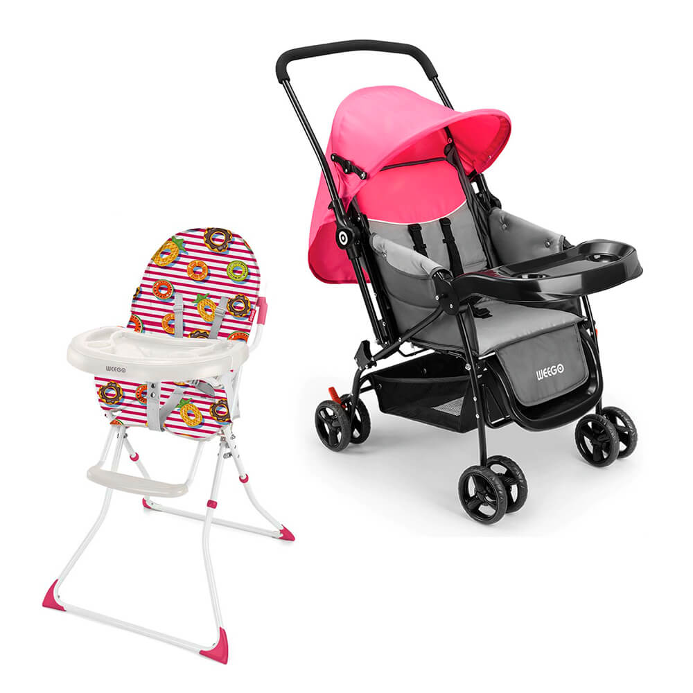 COMP Kit Carrinho Bebe Berço com Bandeja Nap Rosa + Cadeira Alta De Alimentacao Navy Meal Vermelho Weego