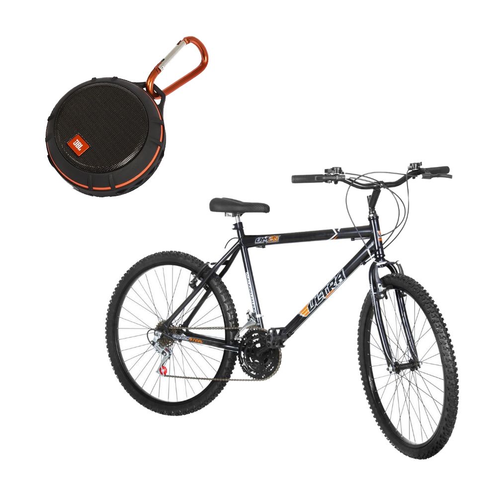 COMP Bicicleta Aro 26 18 Marchas Ultra Bikes Preta BM26-01PT + Caixa de Som Portátil JBL Wind com Suporte