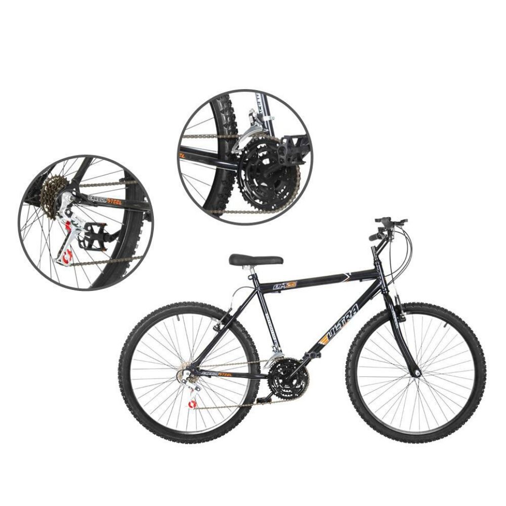 COMP Bicicleta Aro 26 18 Marchas Ultra Bikes Preta BM26-01PT + Caixa de Som Portátil JBL Wind com Suporte