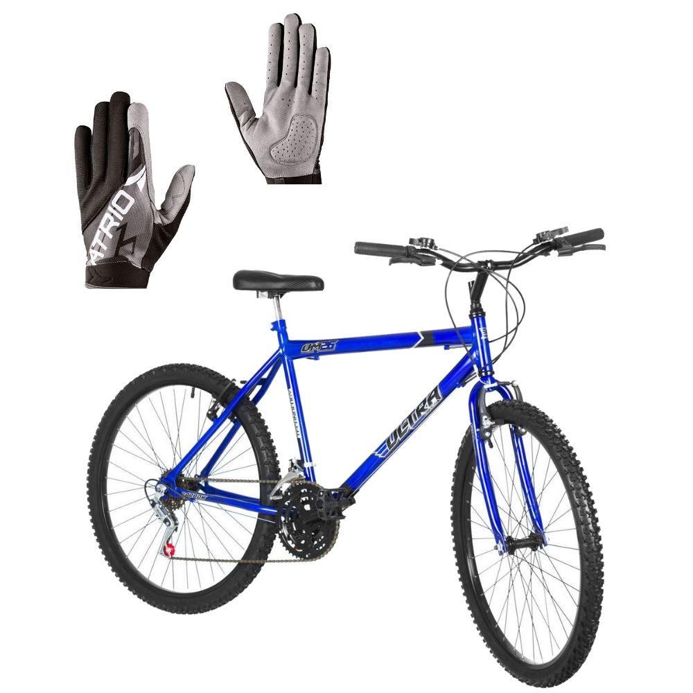 COMP Bicicleta Aro 26 18 Marchas Ultra Bikes Azul BM26-01AZ + Luvas Atrio para Esportes Preto Tamanho M - BI079