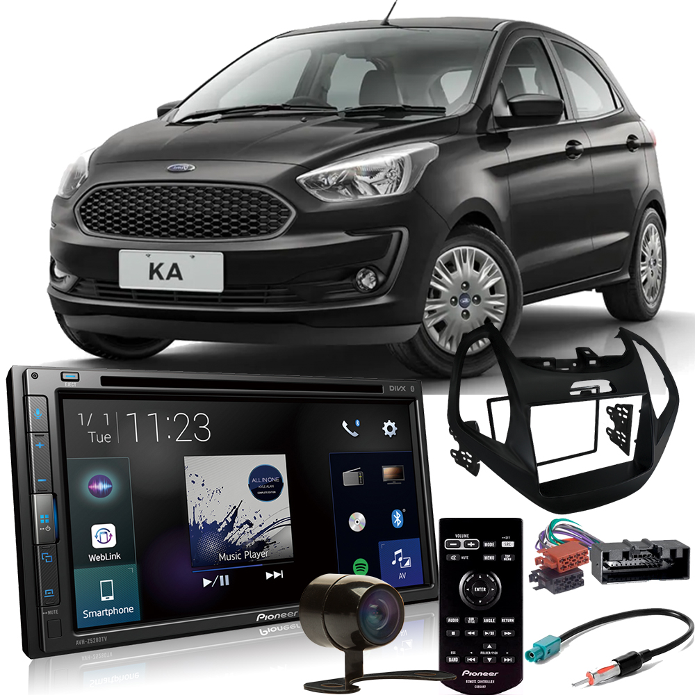 COMP Kit DVD Player Ford Ka 2015 a 2020 sem computador de bordo AVH-Z5280TV + Moldura 2 din + Câmera de ré + Chicotes