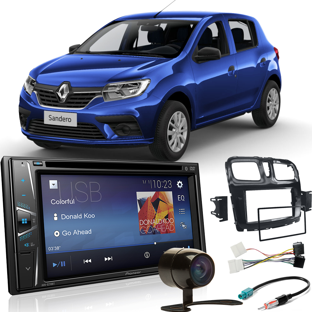 COMP Kit DVD Player Renault Sandero 2015 a 2020 Pioneer + Câmera de ré + Moldura 2 din + Chicotes Plug and Play