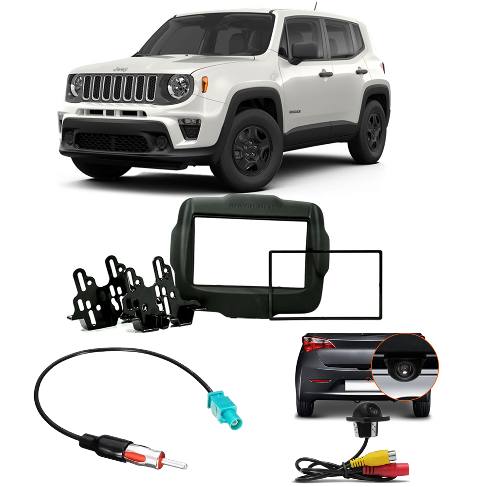 COMP Kit Moldura 2 Din + Chicote Antena + Câmera de ré tartaruga p/ Jeep Renegade PCD 2018 em diante