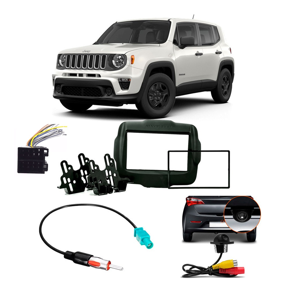 COMP Kit Moldura 2 Din + Chicote Antena + Chicote 16 vias + Câmera de ré tartaruga p/ Jeep Renegade PCD 2018 em diante