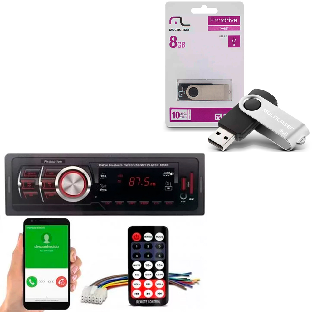 Som Automotivo 8850b MP3 BT FM USB SD AUX Controle Remoto + Pen Drive Twist 2.0 8GB