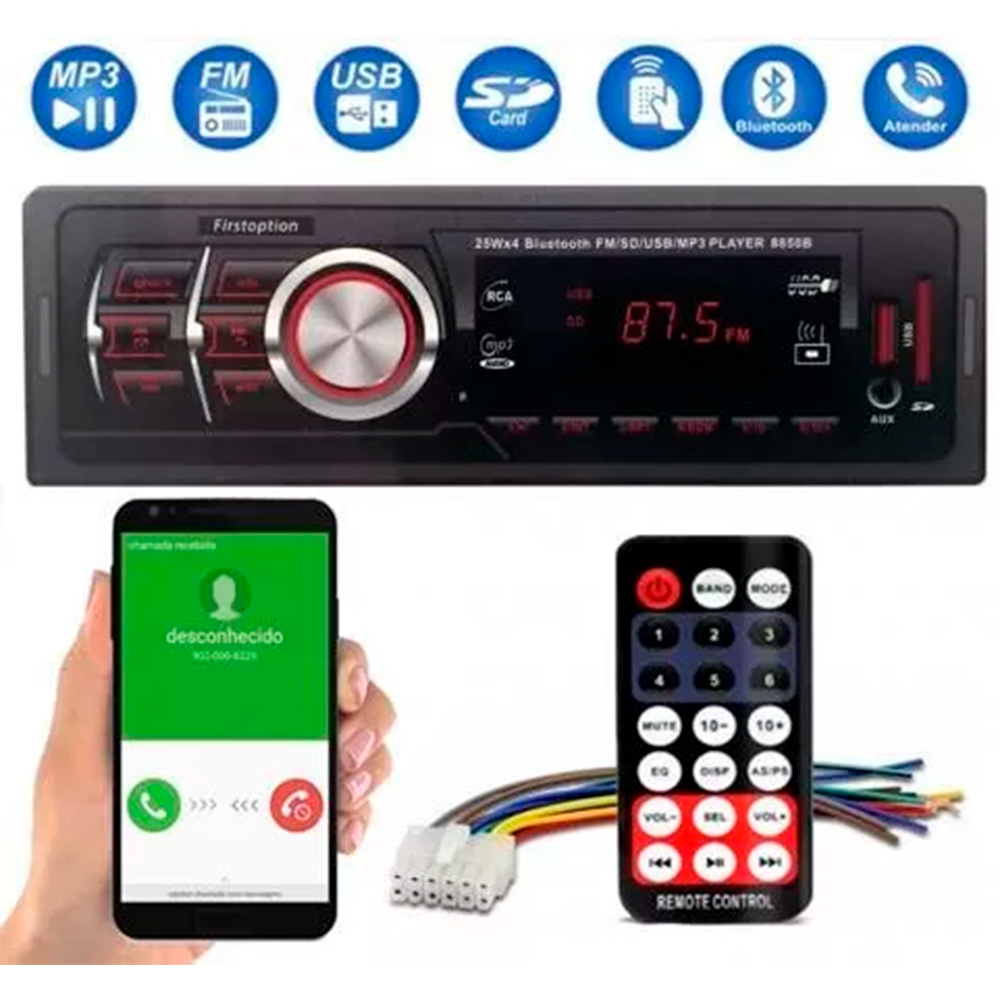 Som Automotivo 8850b MP3 BT FM USB SD AUX Controle Remoto + Pen Drive Twist 2.0 8GB
