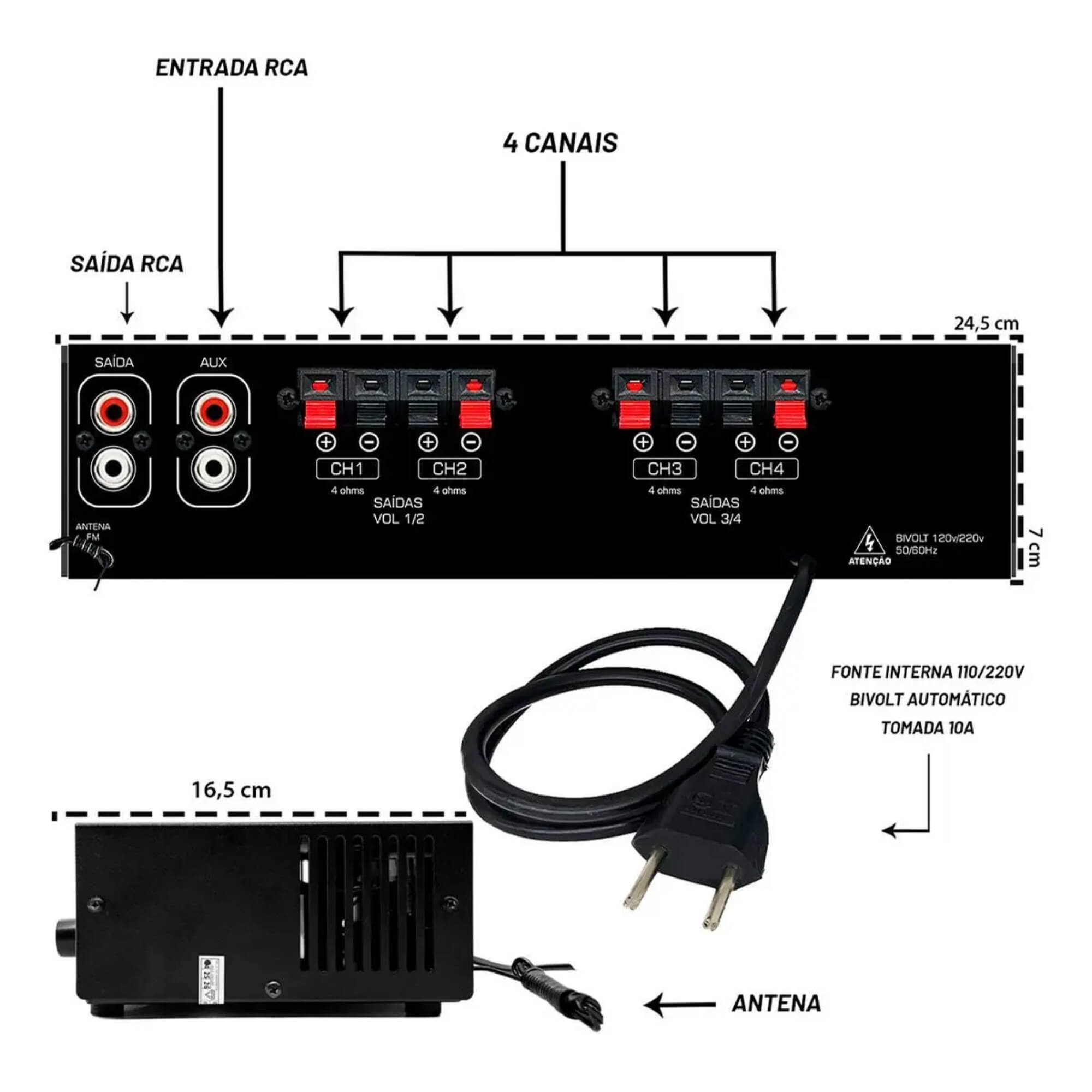 Amplificador Som Ambiente 125 RMS BT/AUX/USB/MP3 4 Canais - Orion Rc7000bt 2AMP7000B