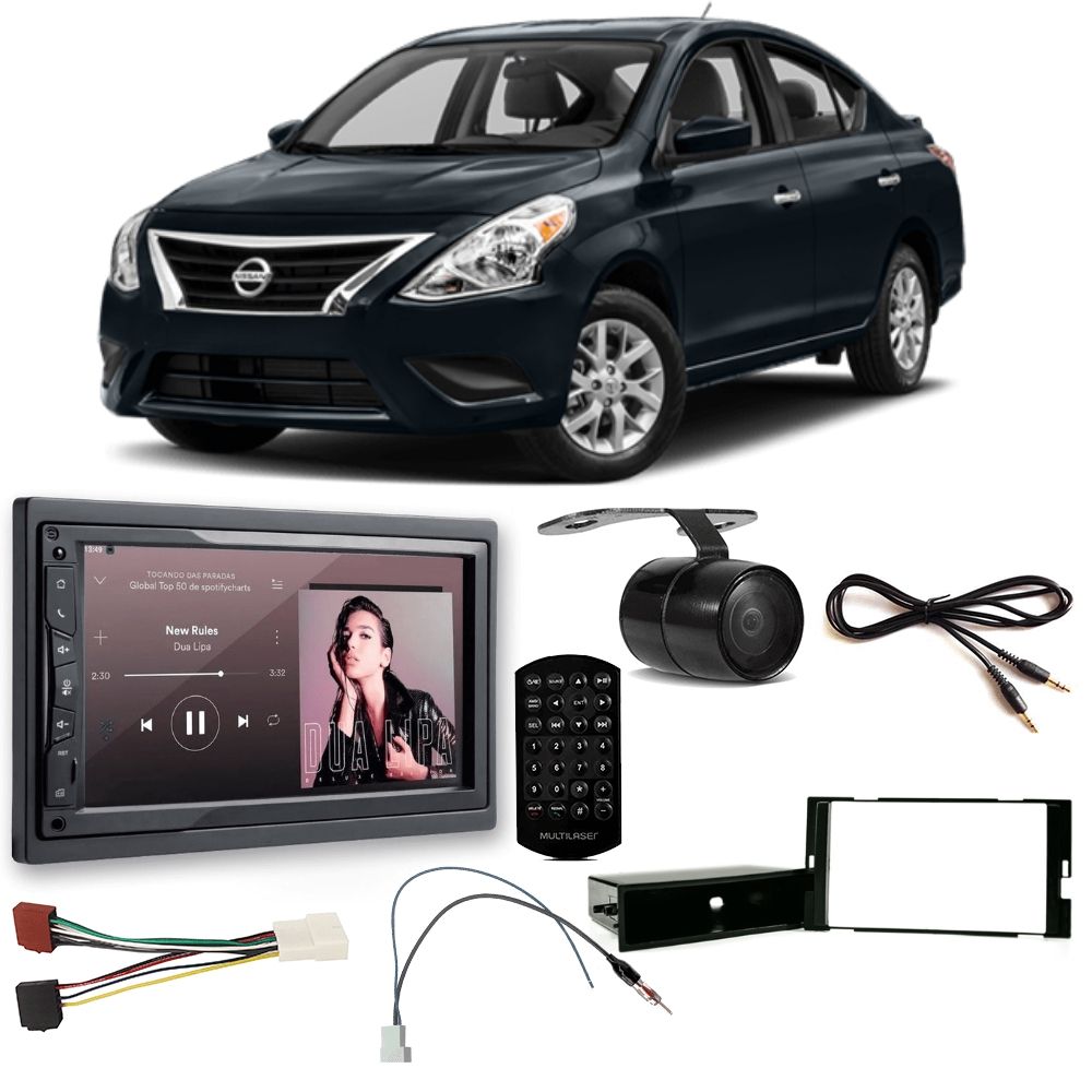 COMP Kit Central Multimídia Multilaser Nissan New March / Versa 2014 a 2020 + Chicotes + Moldura + Câmera