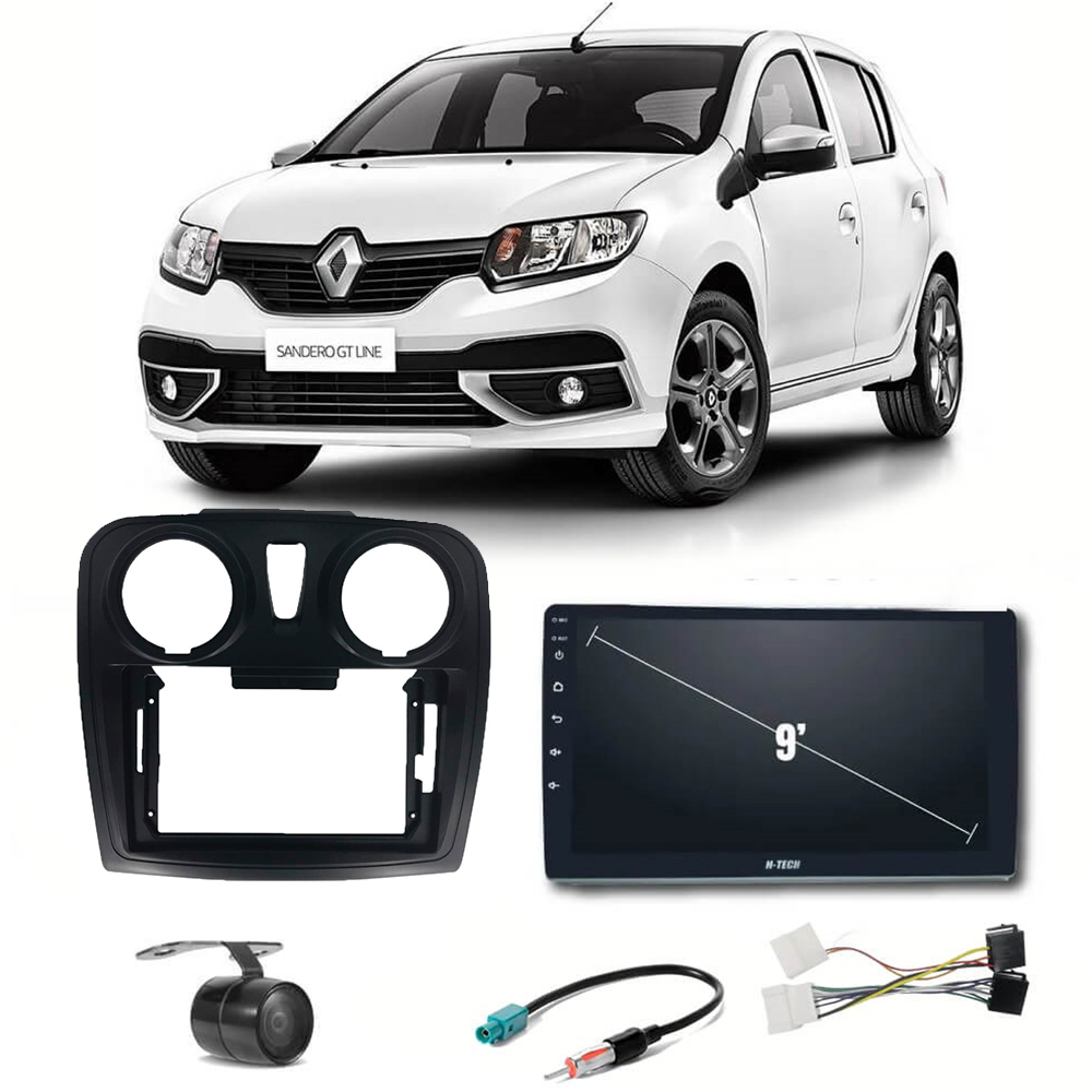 COMP Kit Central Multimídia H-tech 9" Sandero 2017 até 2020 Com duto de ar + Chicotes + Moldura + Câmera - HT9020