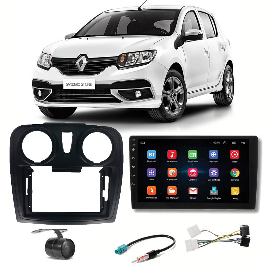 COMP Kit Central Multimídia H-tech Android 9" Sandero 2017 a 2020 + Chicotes + Moldura + Câmera - HT9120
