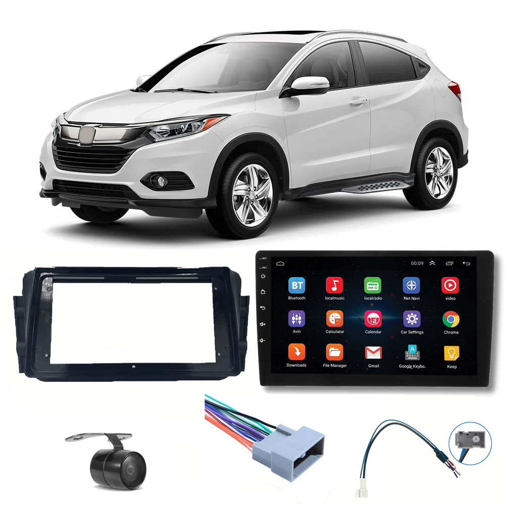 COMP Kit Central Multimídia H-tech Android 9" HRV 2015 a 2020 + Chicotes + Moldura + Câmera - HT9120