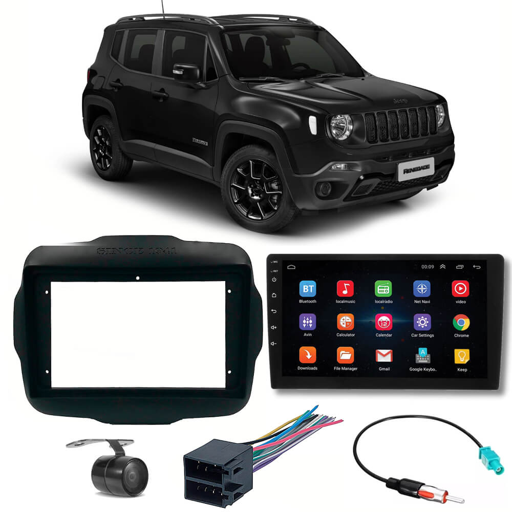COMP Kit Central Multimídia H-tech Android 9" Renegade 2018 a 2020 + Chicotes + Moldura + Câmera - HT9120