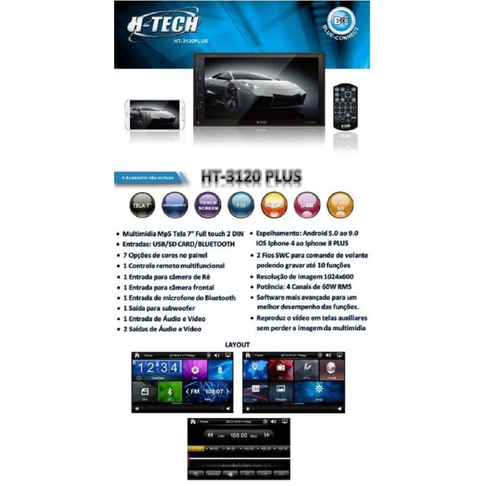 Central Multimídia 2 Din MP5 7 Pol HT-3120PLUS Bluetooth USB SD FM Android Controle Remoto H-Tech