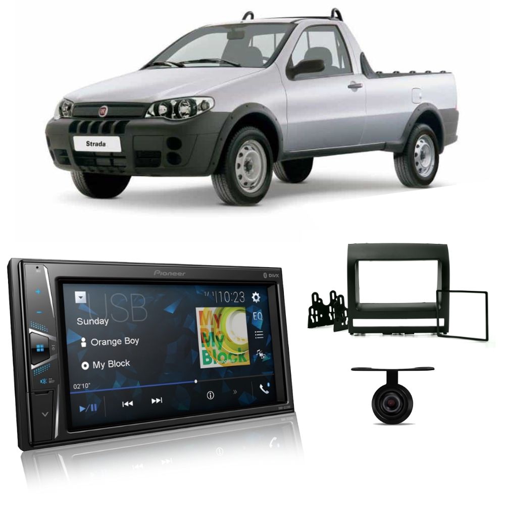 COMP Kit Multimidia Fiat Strada 2002 até 2012 Pioneer DMH-G228BT 2 Din 6,2" Touch BT USB AUX + Câmera de ré + Moldura